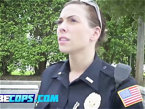 huge-boobed black-haired cops sate a dark-hued guy